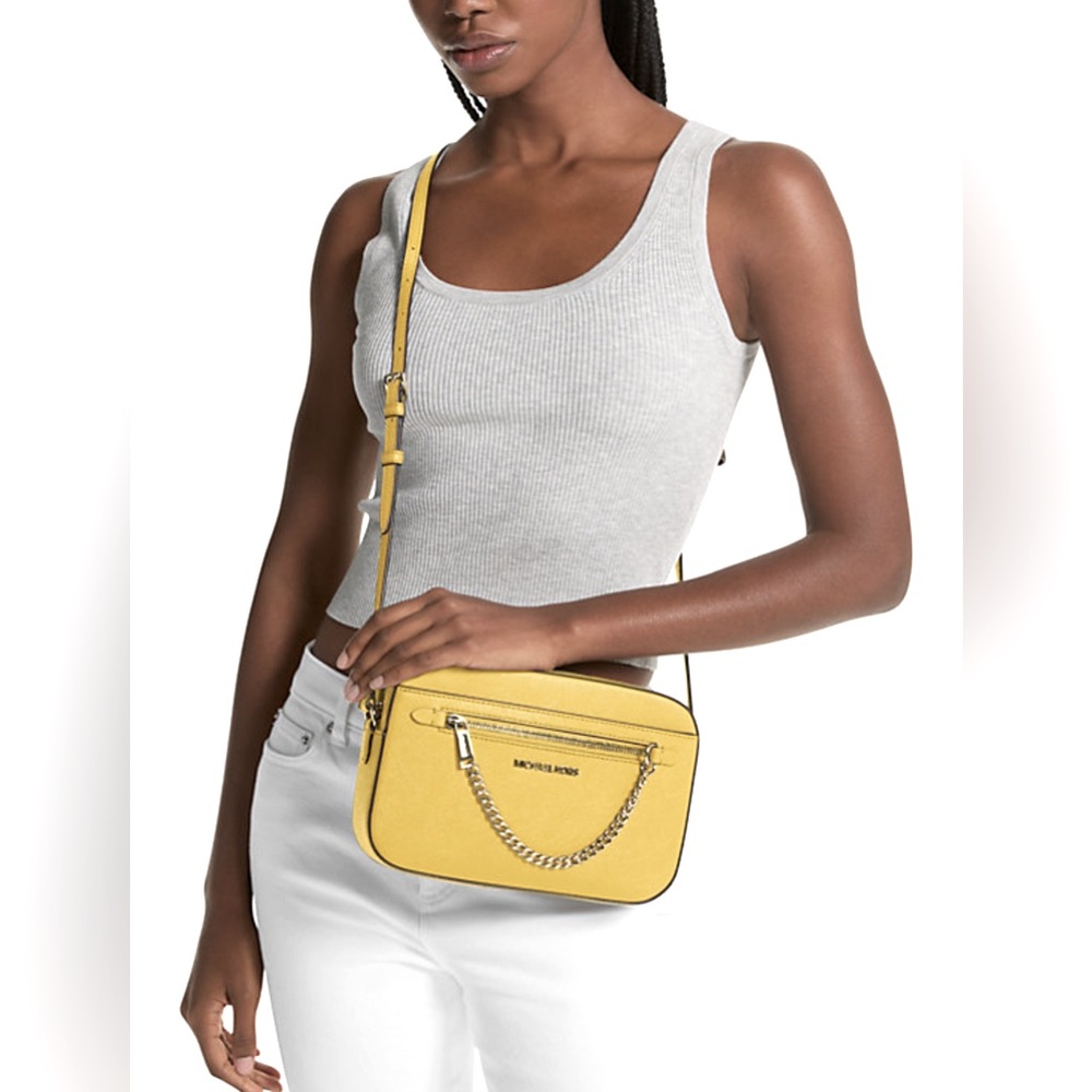 MICHAEL Michael Kors JET SET💛YELLOW BUTTERCUP💛 LEATHER ZIP CHAIN CROSSBODY BAG - Picture 3 of 17